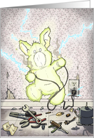 Mou, the green rabbit, plays mechanic and tests his connections the best way he knows how card