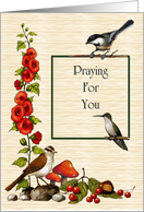 Praying For You Difficult Time with Birds Flowers Berries Toadstools card