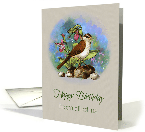 Happy Birthday From All Of Us with Bird and Flowers Illustration card