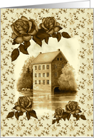 Blank Inside Vintage Look Sepia Art With Old Stone Mill and Roses card