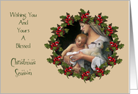 Religious Christmas: Madonna With Baby: Holly, Berries, Original Art card