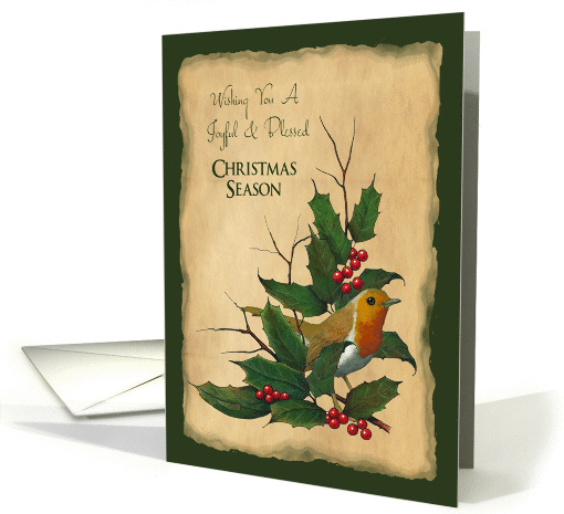 Joyful & Blessed Christmas: Holly, Robin, Original Art: Christian card