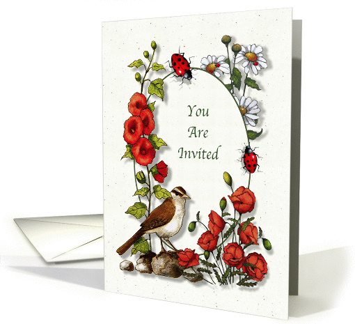 Invitation, General, Nature Art, Bird, Flowers, Ladybugs card