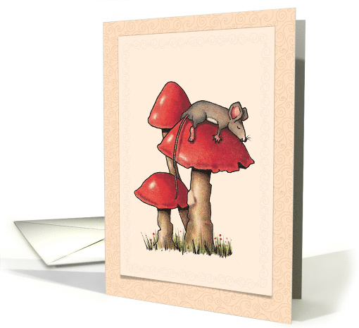 Get Well, Humor, Under the Weather, Cute Mouse on Toadstool, Art card