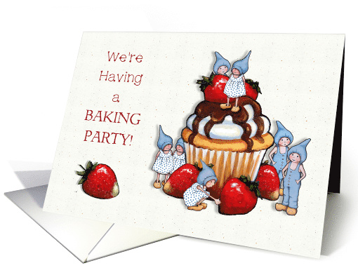 Baking Party Invitation, Gnome Children With Large Cupcake, Art card