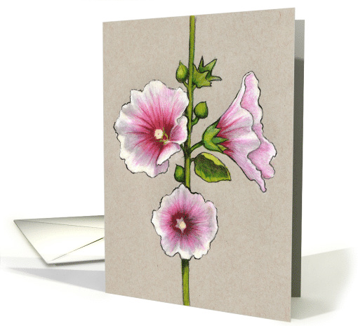 Pink Hollyhocks, Flowers, General, Blank Inside, Floral Drawing card