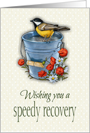 Get Well, Speedy Recovery Bird on Pail And Poppies Daisies, Floral Art card