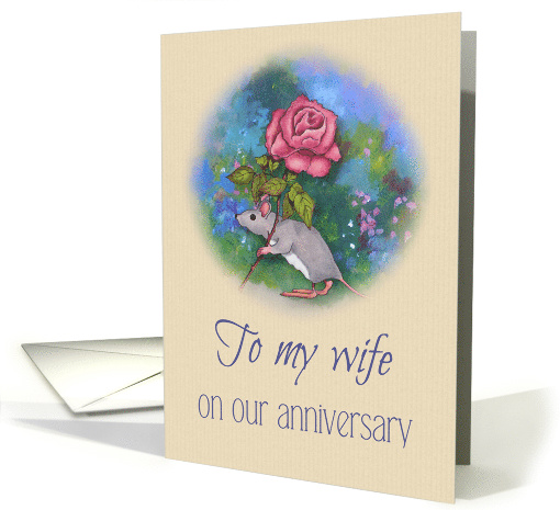 To Wife on Anniversary, Mouse Carrying Large Pink Rose, Painting card