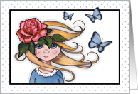 Whimsical Art Blank Inside Girl With Rose in Hair Blue Butterflies card