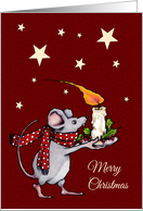 Merry Christmas Mouse With Flaming Candle Holly and Starry Background card