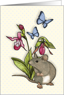 Mouse in the Garden Blank Inside Blue Butterflies Ladyslipper Flowers card