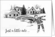 Just A Note Blank Inside Young Girl Skating In Winter Village Drawing card