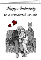 Happy Anniversary Older Couple Snuggling on Couch Red Hearts card