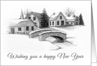 Happy New Year Religious with Winter Village Stone Bridge Pencil Art card