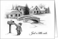 Just a Little Note with Little Boy Rural Mailbox Snowy Village Scene card