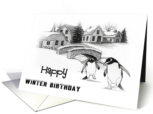 Happy Winter Birthday with Drawing of Penguins and... (1669766)