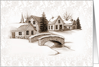 Any Occasion Blank Inside Drawing of Stone Bridge and Quaint Village card