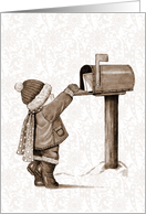 Any Occasion Blank Inside Drawing of Little Boy Getting Mail Sepia card