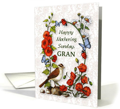 Happy Mothering Sunday Gran with Flowers Butterflies and Bird Art card