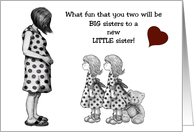 Twin Sisters Expecting Little Sister with Pencil Art of Girls and Mom card