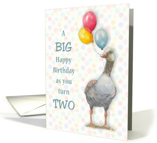 Happy Second Birthday Turning Two with Goose Holding Balloons card
