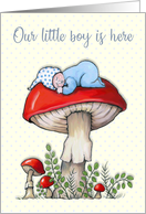 Birth Announcement Little Boy Sleeping on Bright Red Mushroom card