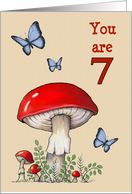 Happy Seventh Birthday Turning Seven Red Mushrooms and Butterflies card