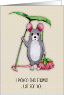Get Well General with Mouse Holding Leaf and Pink Flower and Tiny Dots card