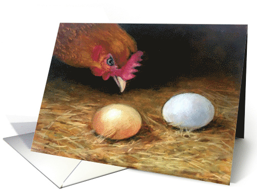 All Occasion Blank Inside Painting of Hen Inspecting Her Eggs card