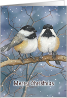 Merry Christmas with Chickadee Couple on Branch and Snow Falling card