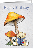 Happy Birthday For Child With Teddy Bear and Toadstools Illustration card