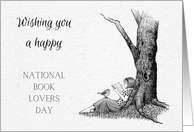 Happy Book Lovers Day with Drawing of Girl Reading Under Tree card
