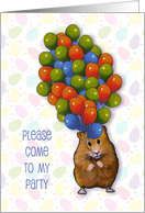 Kid’s Party Invitation with Hamster Holding Lots of Balloons, Colorful card