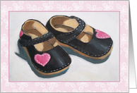 Arrival of Baby Girl Announcement Baby Shoes Pink Hearts and Lace card