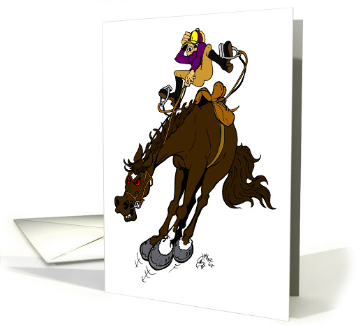 cartoon horse bucking with english rider card (208768)