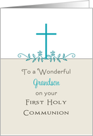 For Grandson First Holy Communion Greeting Card-Cross-Leaf Scroll card