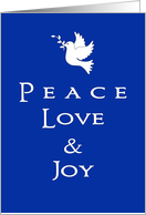 Peace Love & Joy Christmas Card-White Dove Bird Over Blue Background card