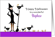 For Nephew Halloween Card-Witch, Broom, Black Bird, Crows, Wheat card
