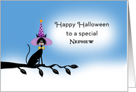 For Nephew Halloween Card with Black Cat-Witches Hat-Tree Branch card