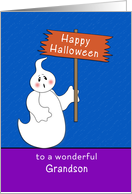 For Grandson Halloween Card-Ghost Holding Happy Halloween Sign card