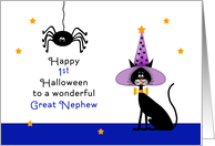 For Great Nephew First Halloween Card with Spider and Black Cat card