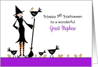 For Great Nephew First Halloween Card-Witch, Broom and Black Birds card