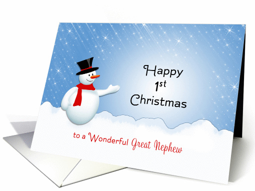 For Great Nephew 1st Christmas Card-Snowman-Snow Scene card (1156078)