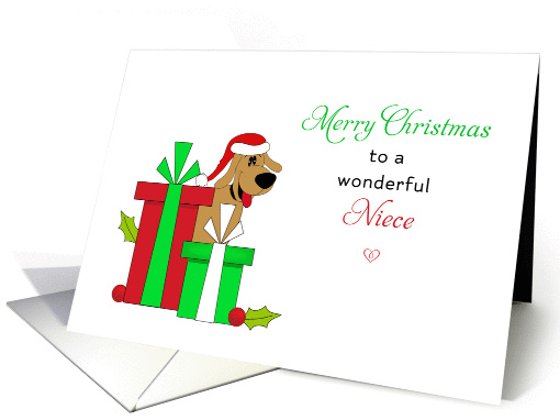 For NIece Christmas Card-Brown Dog-Santa Hat-Christmas Presents card
