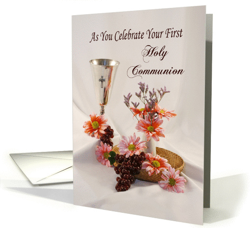 First Holy Communion Greeting Card, Chalice, Cross, Flowers card