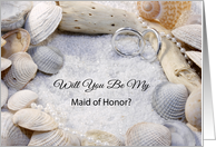 Will You Be My Maid of Honor Invitation-Beach Theme-Shells-Rings-Sand card