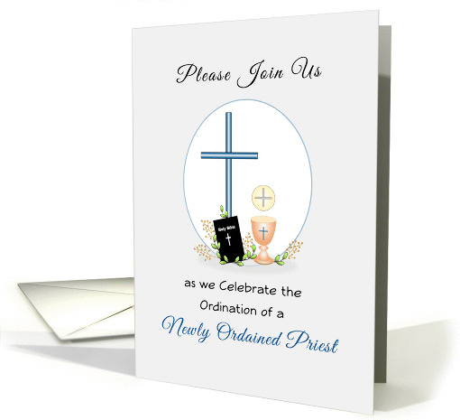 For Priest-Ordination Party Invitation-Cross-Bible-Chalice-Wafer card