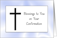 Confirmation Greeting Card with Black Cross and Blue Background card