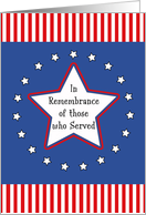 Memorial Day Greeting Card-White Star, Circle of Stars and Stripes card