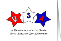 Memorial Day Greeting Card with Three Red, White and Blue Star Design card